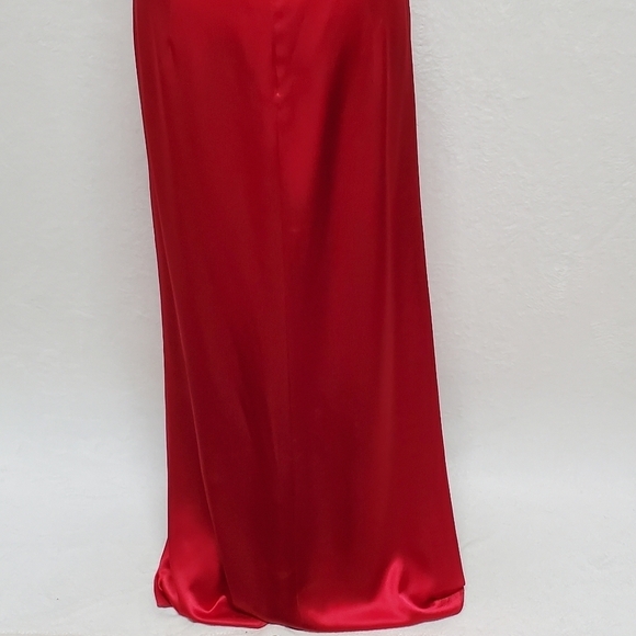 Vintage 90s ABS Evening Red Charmeuse Satin Halter Plunging Neckline Maxi Dress - Picture 14 of 15
